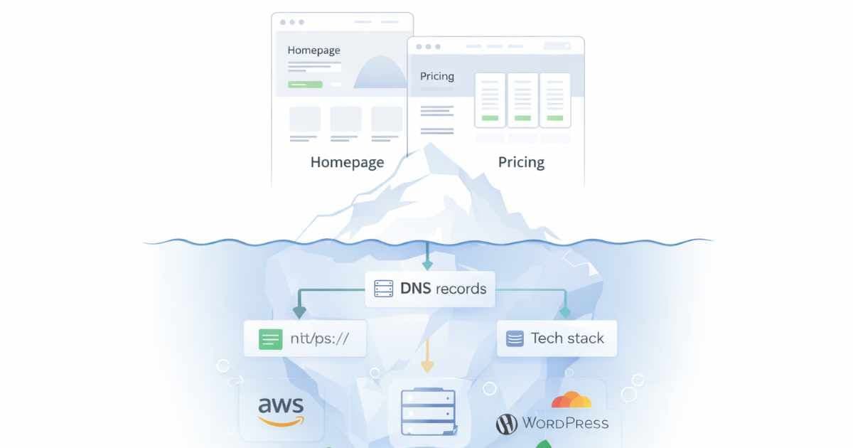 Iceberg diagram showing a competitor website on the surface with DNS records, tech stack tools, and infrastructure signals visible beneath — representing the hidden technical intelligence Palrox surfaces