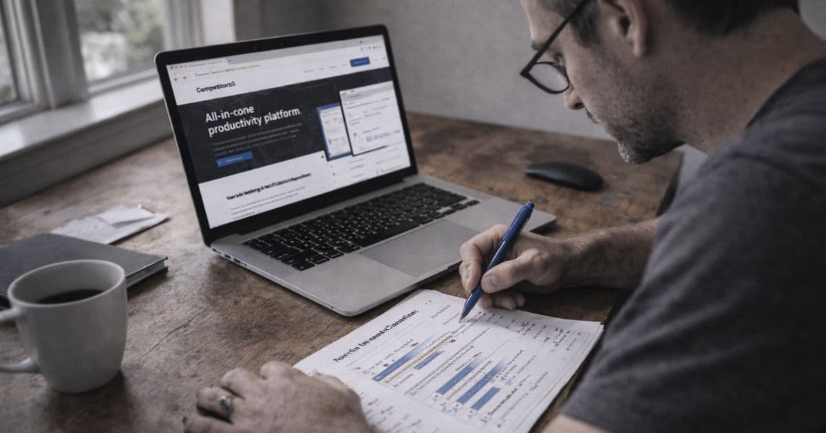Product manager with a printed competitor website audit checklist alongside an open laptop showing competitor homepage on desktop monitor