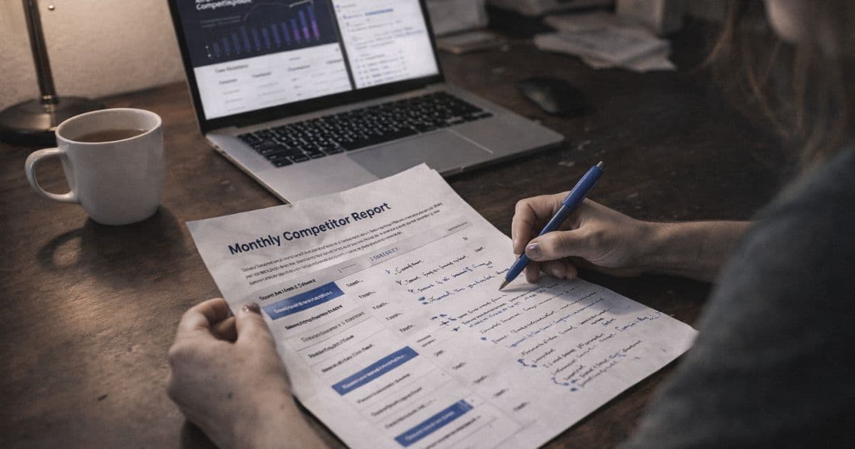 Neatly formatted competitor intelligence report on a desk beside a laptop showing Palrox dashboard with weekly summary visible