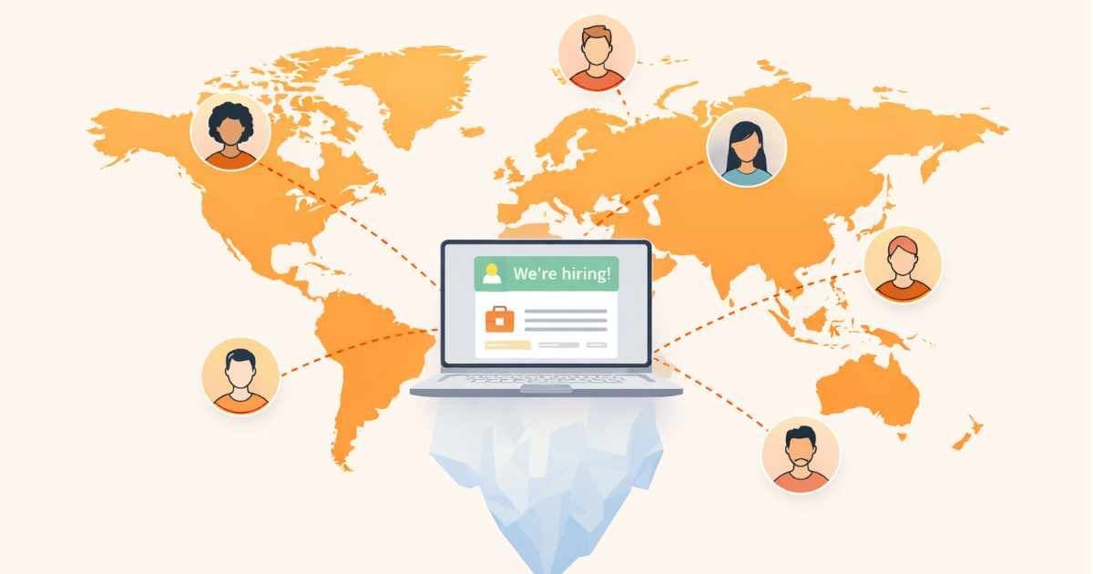 World map showing distributed remote workers connected to a startup founder's laptop — representing global remote hiring for early-stage companies